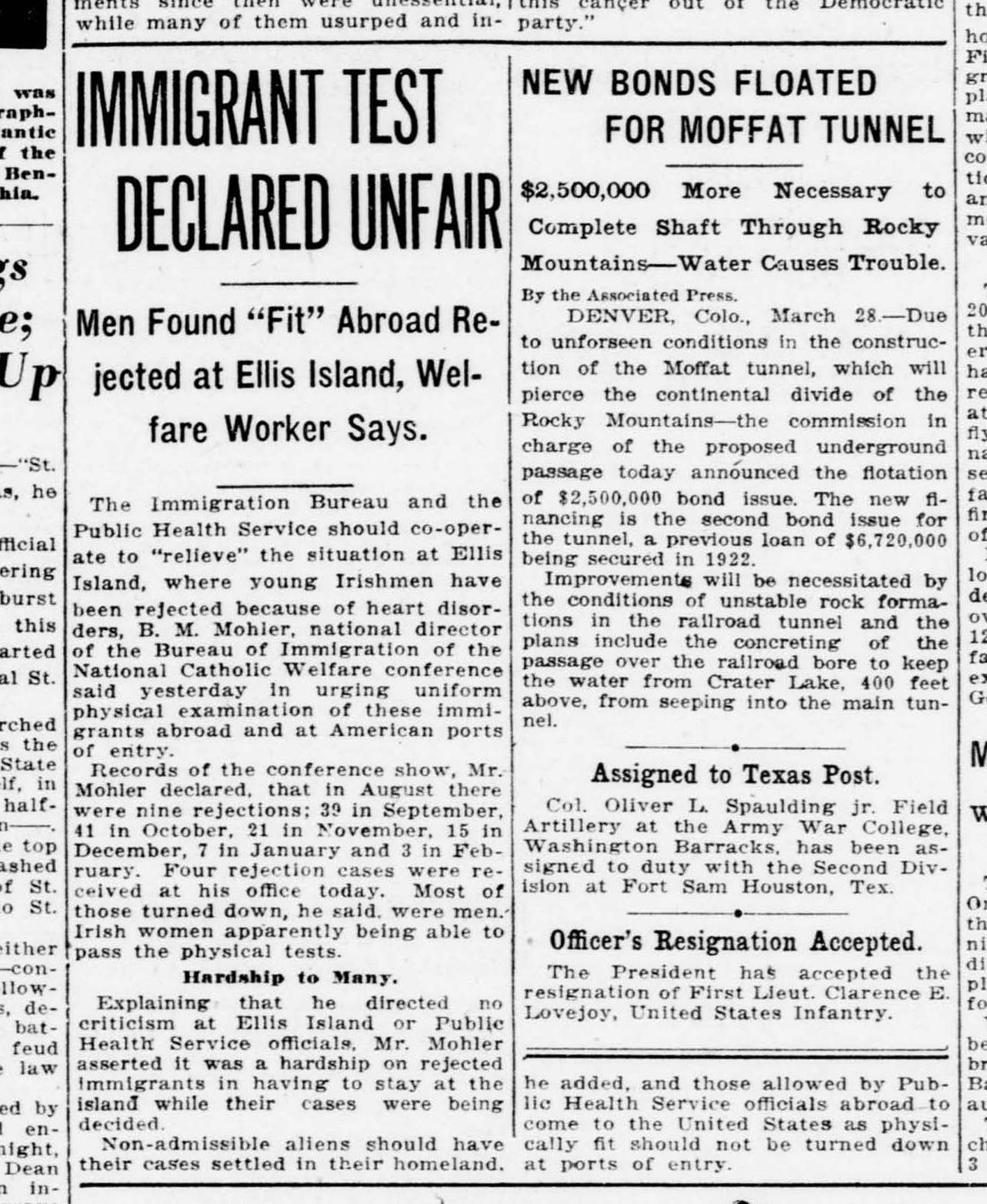 Newspaper article titled: Immigrant test declared unfair: Men found "fit" abroad rejected at Ellis Island, welfare worker says